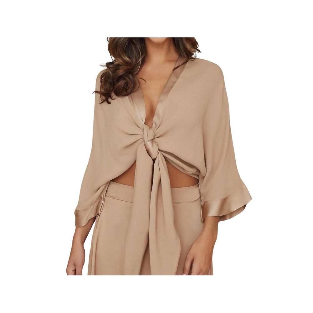 NEW MILIO MILANO three quarter sleeve drapy tie top in brown